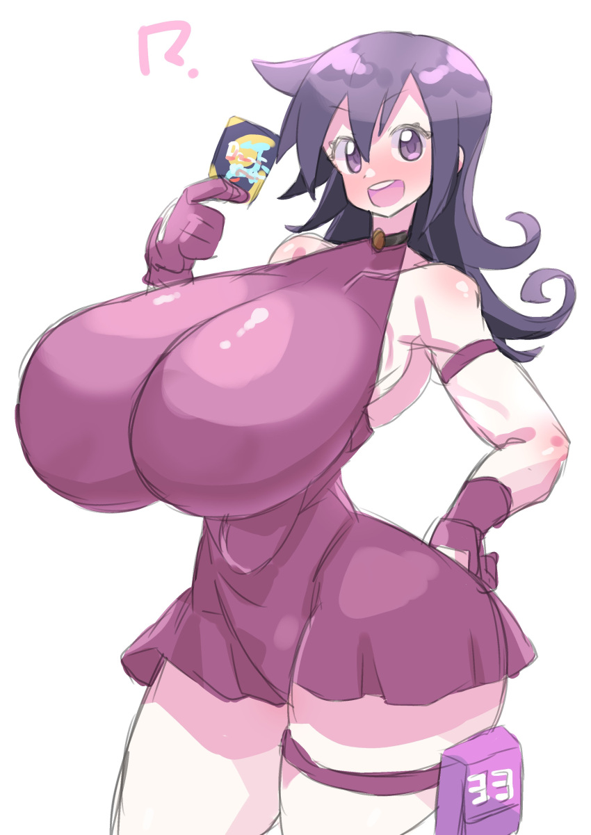 1girls akan_mori black_hair duel_masters female gloves huge_breasts long_hair looking_at_viewer purple_eyes simple_background smile solo tasogare_mimi thick_thighs white_background