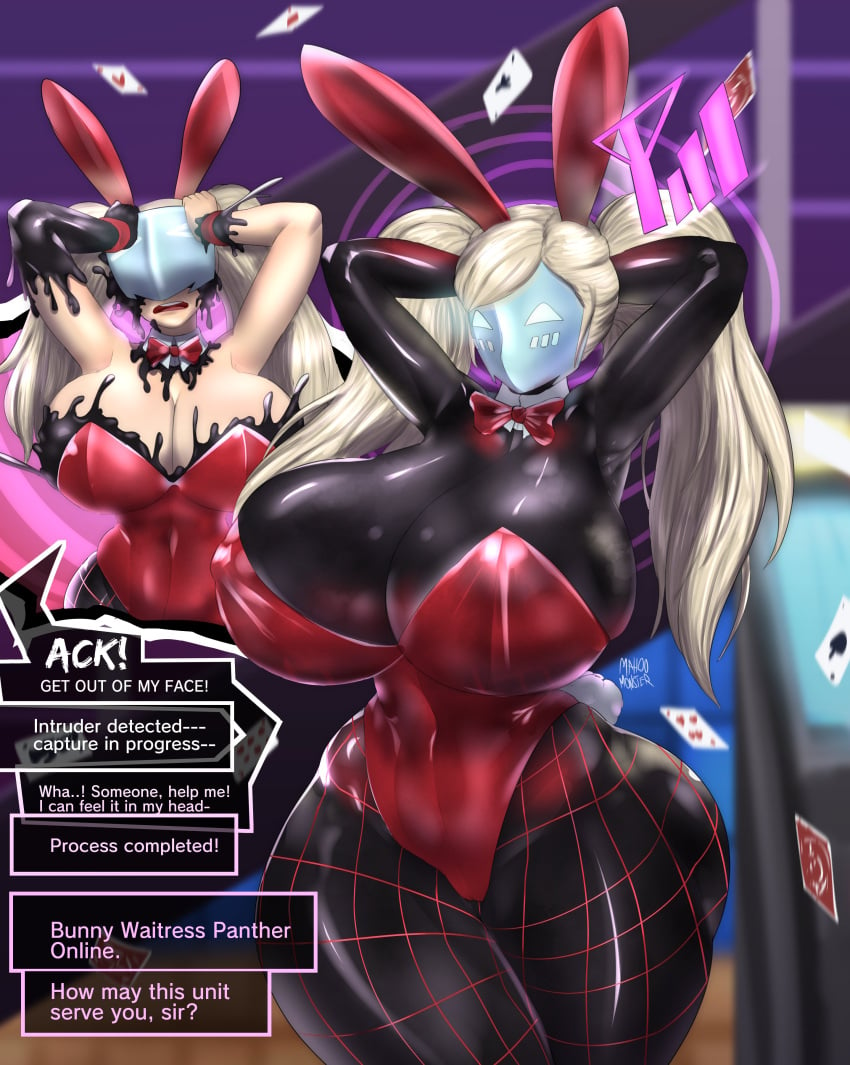 ann_takamaki big_ass big_breasts big_butt black_skin bowtie bunny_ears bunny_waitress bunnygirl bunnysuit enemy_conversion english_text fishnets hourglass_figure huge_ass huge_breasts huge_butt hypnosis mahou_monster mask masked masked_female mind_control persona persona_5 shadow_(persona) shadow_waitress text transformation wide_hips