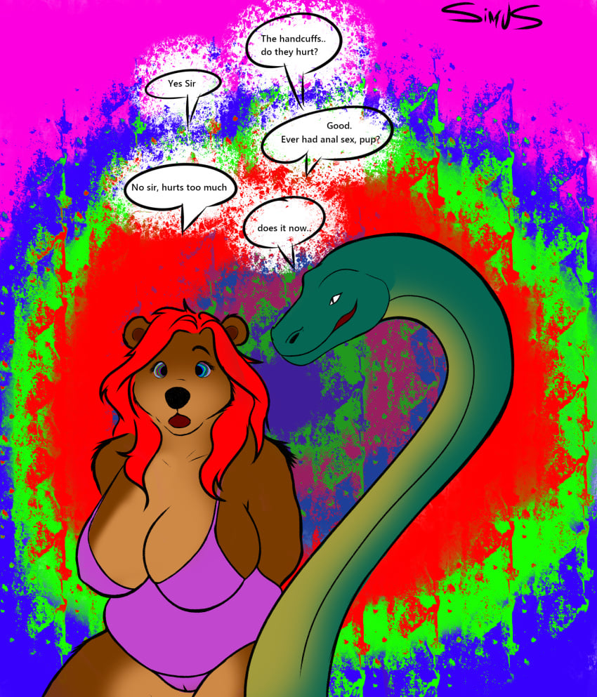 abstract_background anthro auroraburr bear belly big_breasts breasts camel_toe clothing comic duo english_text female feral forced hair hi_res hypnosis hypnotic_eyes imminent_anal imminent_rape male male/female mammal mind_control pain psychedelic_background rape red_hair reptile scalie simusart snake speech_bubble swimwear text thick_thighs wide_hips