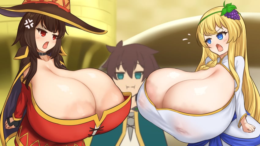 1boy 2girls :d alternate_breast_size areolae ass bangs black_hair blonde_hair blue_eyes blush breasts eyebrows_visible_through_hair highres huge_breasts iris_(konosuba) kono_subarashii_sekai_ni_shukufuku_wo! light-skinned_female light_skin long_hair megumin mokusheep multiple_girls nipples open_mouth satou_kazuma