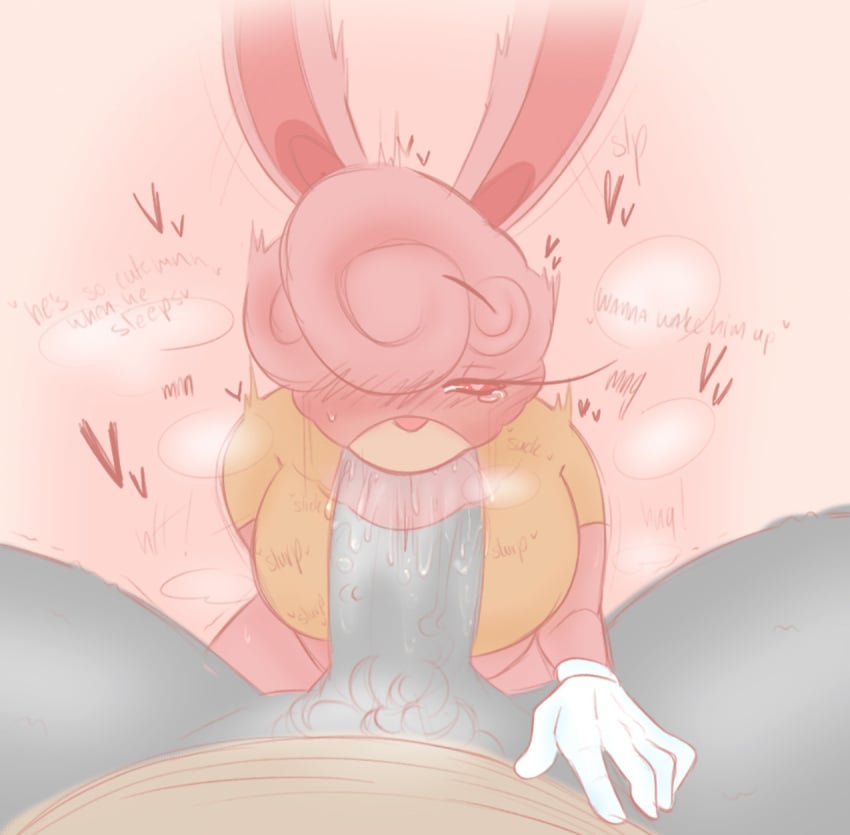 anthro breasts bunabubbles duo fellatio fellatio_pov female fur hi_res lagomorph leporid male mammal oral penile pink_body pink_fur rabbit sex solo_focus text toontown_online