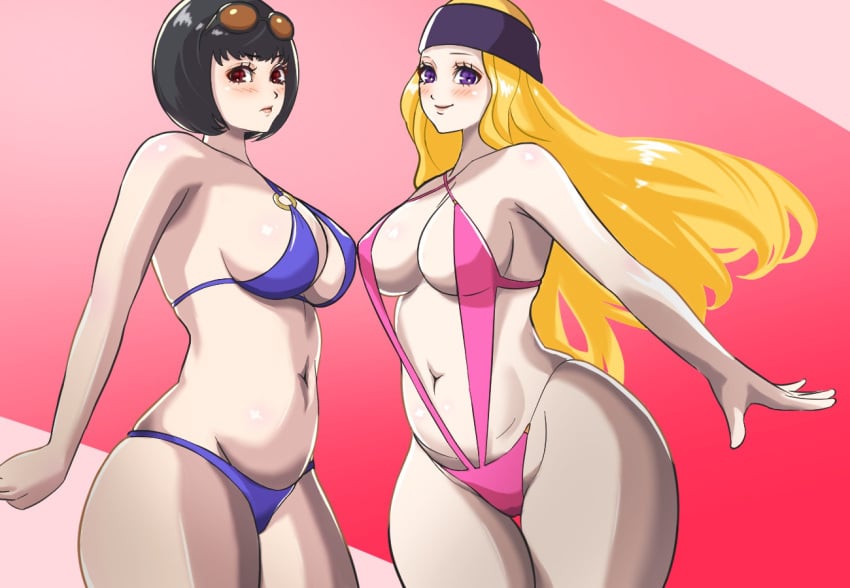 2022 2girls ass bikini black_hair blonde_hair blush breasts headband long_hair looking_at_viewer mifune_chihaya neucia ohya_ichiko persona persona_5 pink_background purple_eyes red_eyes short_hair smile sunglasses sunglasses_on_head thick_thighs white_skin wide_hips