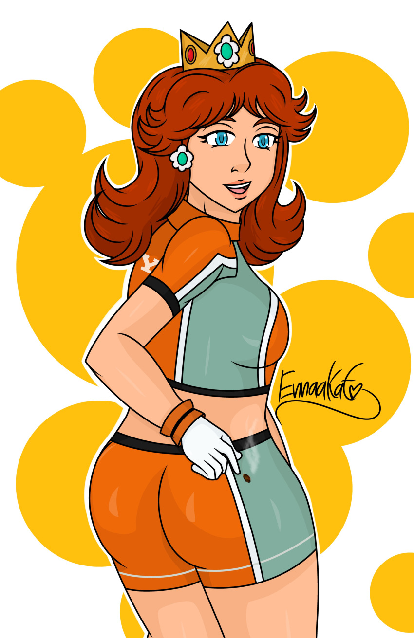 1girls ass daisy's_hot_stuff_(trend) female female_only mario_(series) mario_strikers mario_strikers_princess_daisy_side_view_redraw_(meme) meme orange_shorts princess_daisy screenshot_redraw super_mario_bros.