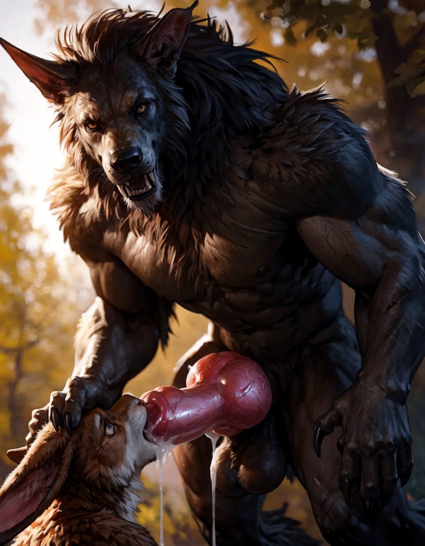 ai_generated anthro_on_anthro blowjob canine cum cumming duo gay knot looking_pleasured male_on_male muscular_male oral orgasm_face rabbit realistic size_player solo werewolf wolf