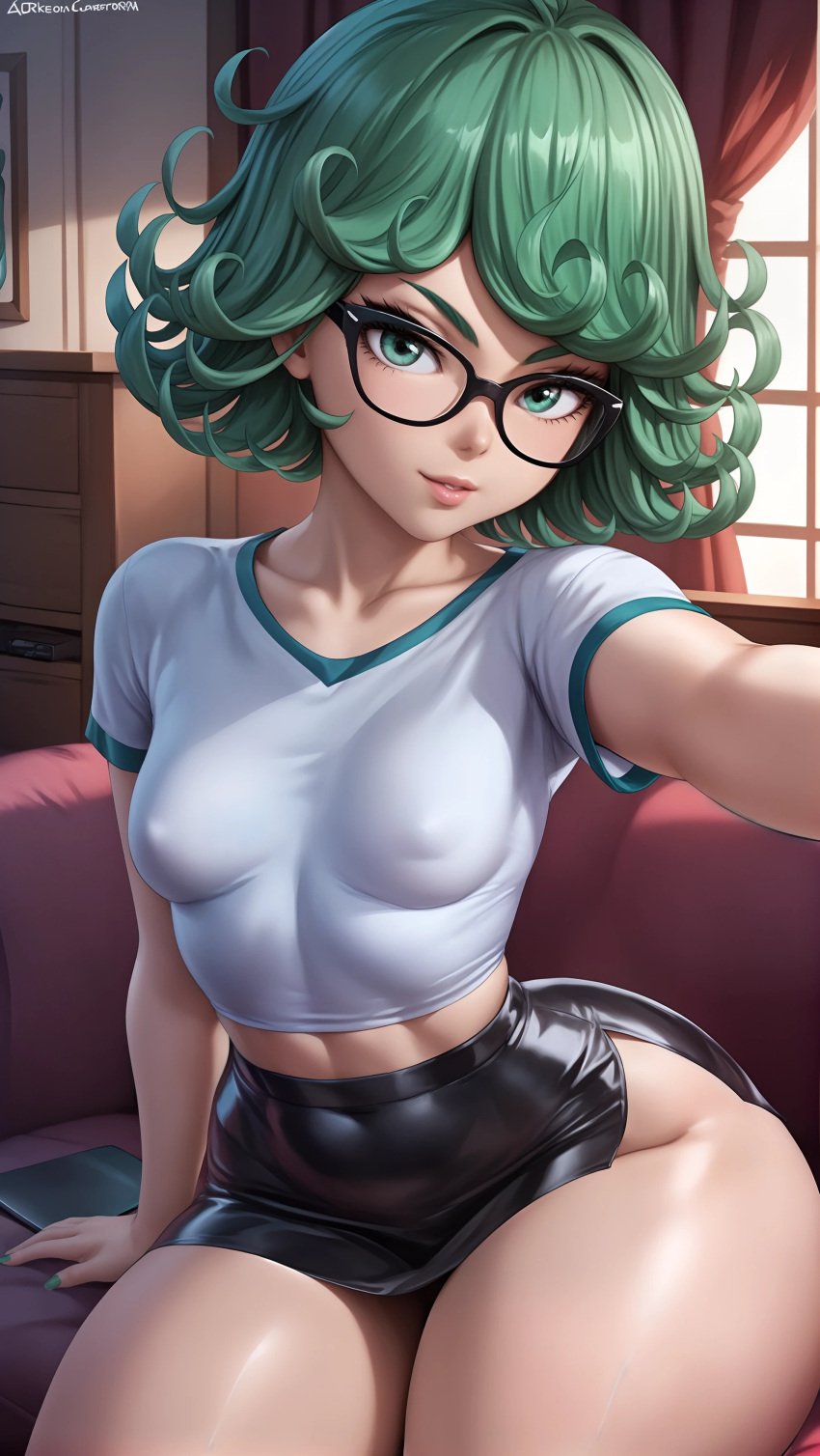 ai_generated breasts butt covered_nipples glasses hourglass_figure looking_at_viewer miniskirt navel nsfw one-punch_man selfie selfie_pose sitting skirt sky4maleja small_breasts smile tatsumaki thick_ass thick_legs thick_thighs tight_clothes tight_clothing upper_body waist