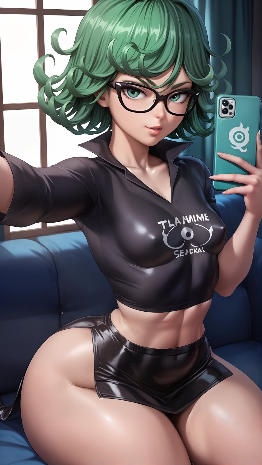 ai_generated breasts butt covered_nipples glasses hourglass_figure looking_at_viewer midriff miniskirt nsfw one-punch_man selfie selfie_pose shirt sitting skirt sky4maleja small_breasts smartphone smile_at_viewer tatsumaki thick_ass thick_legs thick_thighs upper_body waist