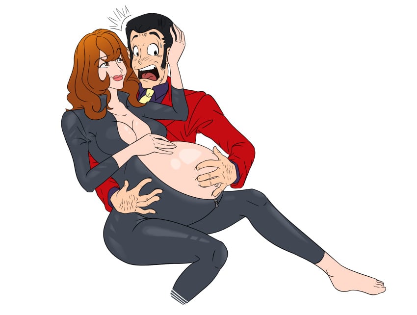 1boy 1girls arsene_lupin_iii bodysuit breasts female large_breasts lupin_iii mine_fujiko navel plus1b pregnant