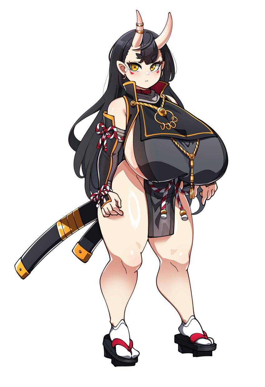 armor black_hair blush breasts commission curvy earrings facial_tattoo female gigantic_breasts groin highres horns japanese_clothes jewelry katana konoshige_(ryuun) long_hair looking_at_viewer monster_girl oni original pelvic_curtain pointy_ears shortstack sideboob socks solo sword tattoo thick_eyebrows thick_thighs thighs weapon wide_hips yellow_eyes