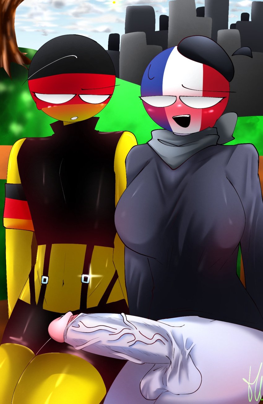 1boy 1futa 44waa29304 background bandana barely_visible_nipples beret big_breasts big_penis blush bottomless_futanari breasts clothed clothing countryhumans countryhumans_girl erection feminine_male france france_(countryhumans) fully_clothed fully_clothed_male futa_on_male futanari german_flag germany_(countryhumans) hourglass_figure huge_cock human humanoid looking_at_penis looking_down male nipples_visible_through_clothing pantless partially_clothed partially_clothed_futanari penis public public_nudity raised_eyebrow self_upload showing_penis sitting sweatdrop tagme veiny_penis white_body white_penis white_skin yellow_body yellow_skin