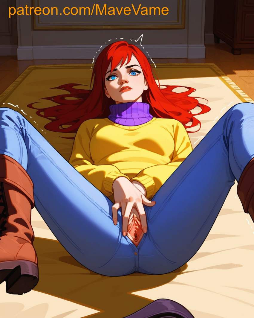 1girls ai_generated blue_eyes female human jeans looking_at_viewer marvel mary_jane_watson mave_vame missionary_position presenting_pussy pussy red_hair spider-man_(series) spread_legs spread_pussy trembling