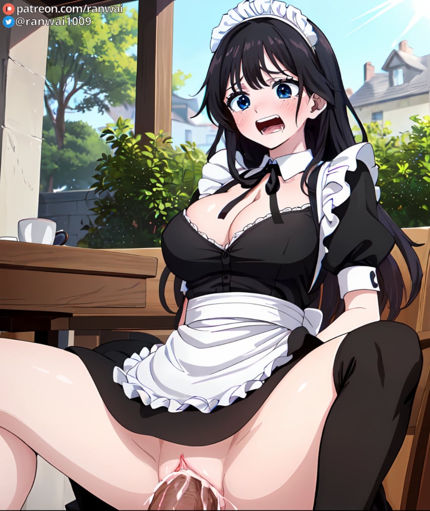 ai_generated black_hair bondage cowgirl_position kaoru_hana_wa_rin_to_saku large_breasts maid maid_headdress maid_outfit manga penetration penis ranwai sex stable_diffusion vaginal_penetration vaginal_sex waguri_kaoruko