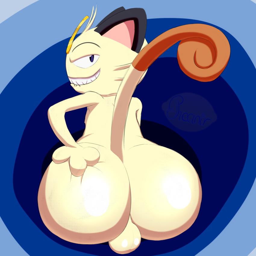 10s 1boy 2019 anthro anthrofied ass back big_ass bite biting_lip butt_focus feline furry grin half-closed_eyes hand_on_ass lips looking_at_viewer looking_back male male_only mammal meowth nintendo nude paws pheanir pokemon pokemon_(species) pokemon_rgby simple_background sketch smile solo tail teeth testicles thick_thighs video_games white_fur wide_hips