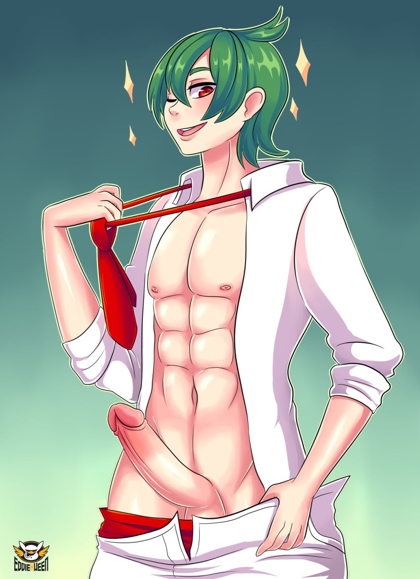 1boy abs boxers eddieween gallade gradient_background green_hair highres humanized looking_at_viewer loose_necktie male male_only moemon necktie necktie_grab open_clothes open_fly open_mouth pants_pull penis personification pokemon pokemon_(species) pokemon_dppt red_eyes short_hair smile testicles tie underwear undressing wink