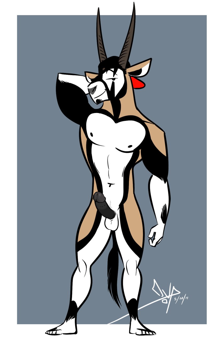 2019 abs antelope anthro balls beard bgn biceps bovid clothing facial_hair fur grazing_antelope headgear headwear hi_res horn jamie_the_oryx male male_only mammal muscular muscular_male nipples nude oryx pecs penis pose smile solo