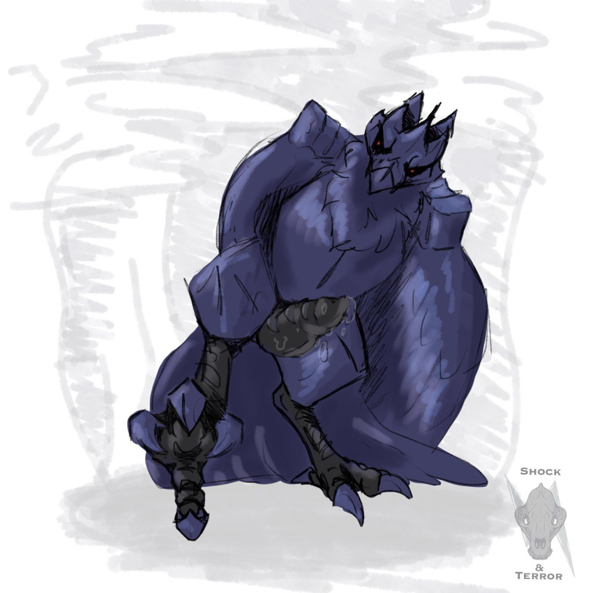 1boy animal_genitalia avian beak bird claws colored_sketch corvid corviknight digital_media_(artwork) erection feathers feet feral hi_res knight looking_at_viewer male male_only metal nintendo nude partially_colored penis pokémon_(species) pokemon pokemon_ss precum shockandterror simple_background sketch solo talons text threatening video_games wings