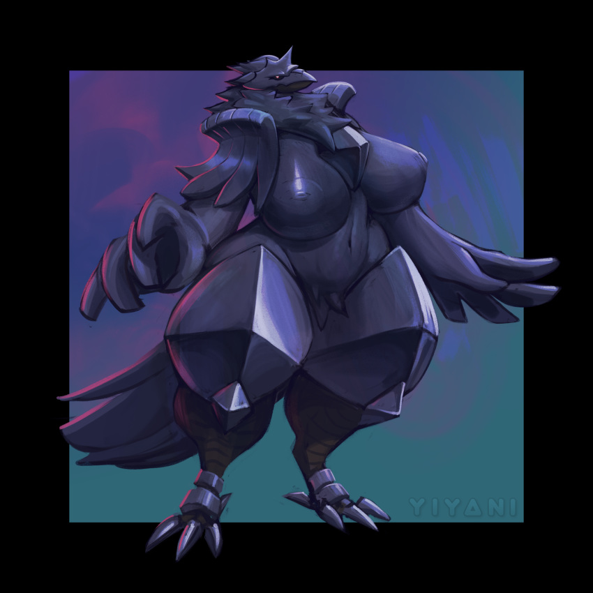 1:1 abstract_background anthro anthrofied armor beak big_breasts black_scales black_sclera blue_feathers breasts corviknight digitigrade feathers female female_only huge_breasts mostly_nude neck_tuft nintendo pokémon_(species) pokemon pokemon_ss pubes scales slightly_chubby solo thick_thighs tuft video_games voluptuous watermark white_pupils wide_hips winged_arms wings yiyani