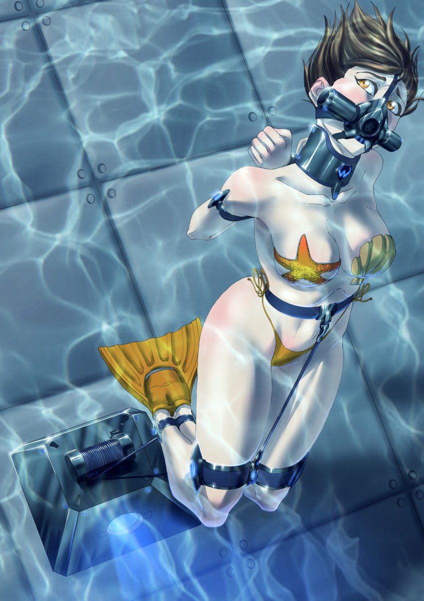 ankle_cuffs bikini_bottom bondage brown_hair collar female female_only femsub flippers handcuffs overwatch pool posture_collar rebreather reversetension scared shell side-tie_bikini starfish swimming thigh_strap tracer underwater yellow_eyes