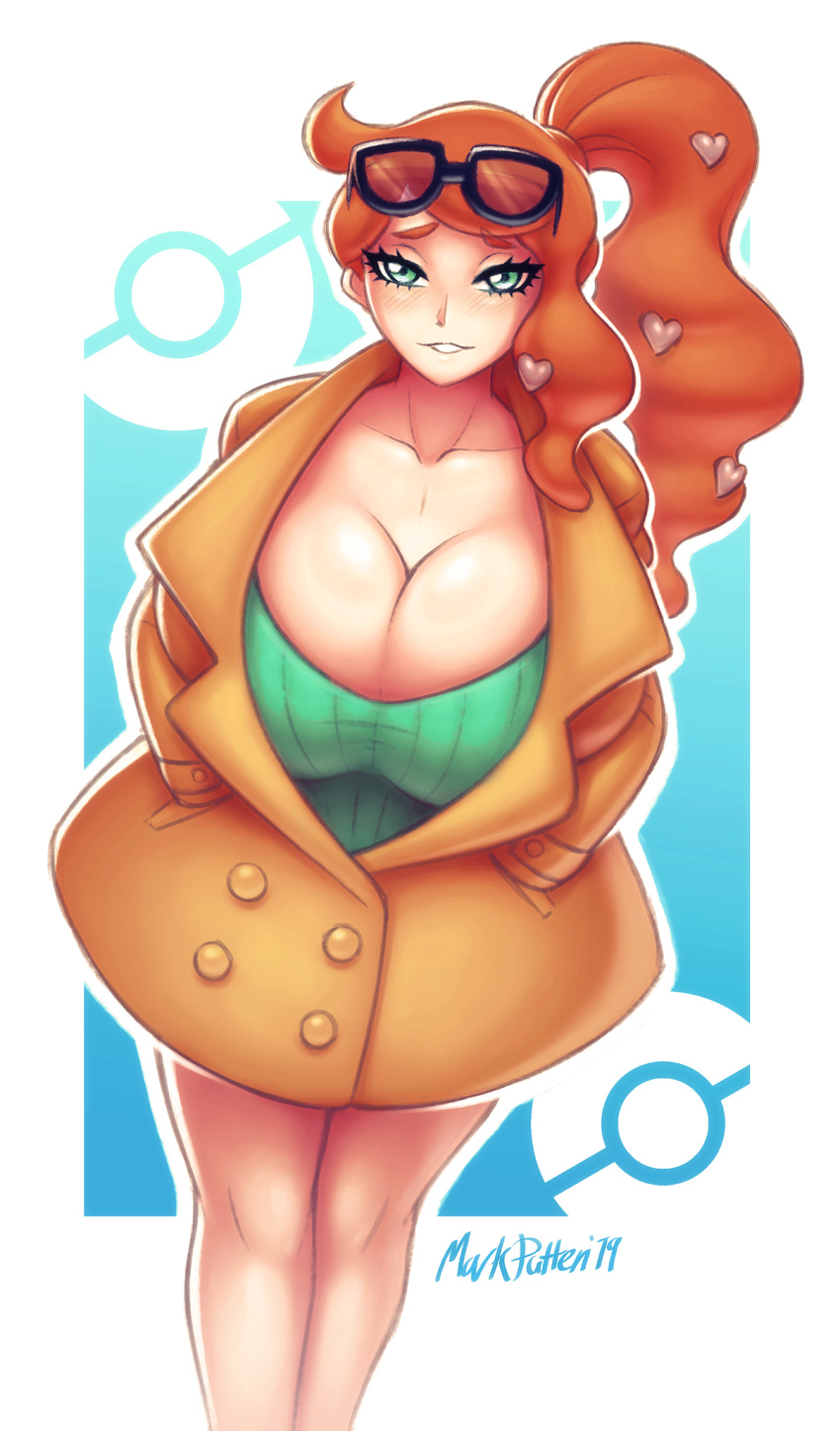 1girls alternate_breast_size breasts cleavage female female_only huge_breasts human human_only implied_breast_expansion looking_at_viewer mark_patten nintendo overcoat pokemon pokemon_ss solo solo_female sonia_(pokemon)