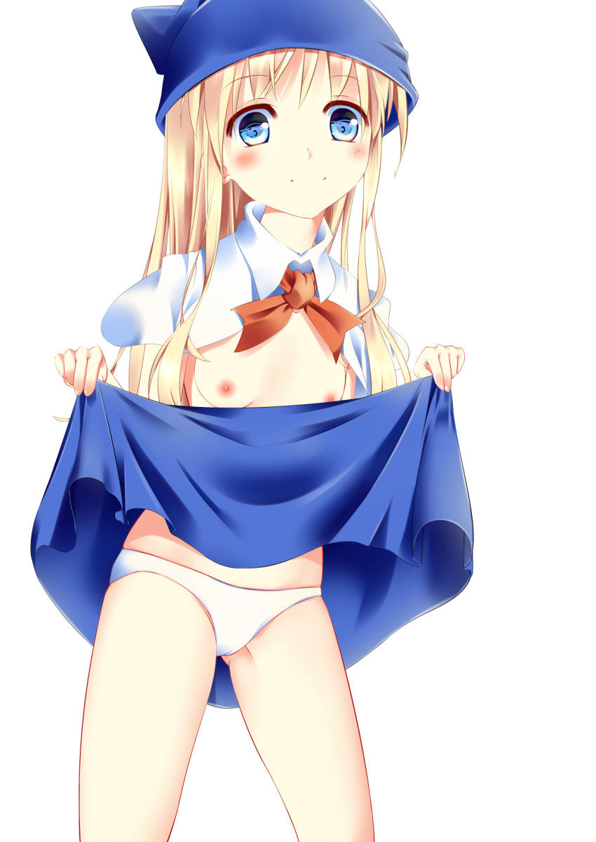 blonde_hair blue_eyes blush cameltoe compile dress_lift hat long_hair no_bra puyo_puyo sega small_breasts smile white_panties witch_(puyo_puyo) yuu~