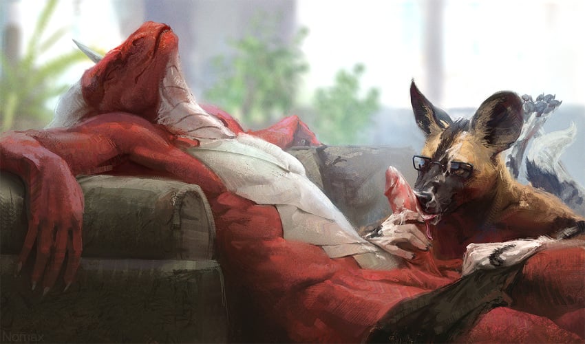 2019 5_fingers african_wild_dog anthro canid canine closed_eyes detailed_background dragon duo eyewear fur glasses male mammal nomax penis sitting tan_fur yaoi