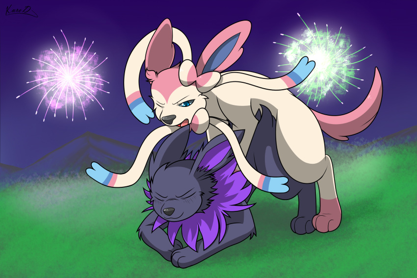 10s 2014 alternate_color ambiguous_gender blue_eyes blurred_background canid canine color duo eeveelution feral fireworks gluttony_(kuroodod) grass jolteon kuroodod male male/ambiguous mammal nintendo open_mouth original_character outside penetration pokémon_(species) pokemon pokemon_(species) pokemon_bw pokemon_rgby pokemon_xy sex simple_background smile sylveon video_games zoroark