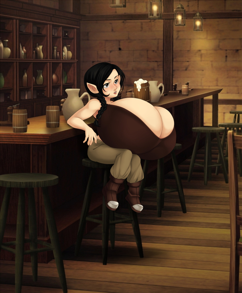 1girls bar_stool black_hair braid bursting_breasts cleavage clothed elf female gigantic_breasts hyper hyper_breasts lumberjill original pointy_ears pub saburox shortstack sitting solo stool