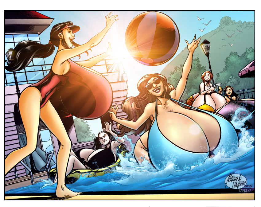 bikini cleavage female_only fiona_flannagan gigantic_breasts gwen_beaumont hyper_breasts low_ponytail mariano_navarro mei_lau multiple_girls party ponytail pool rayya_rahman smile swimsuit tara_rahman visor_cap welcome_to_chastity