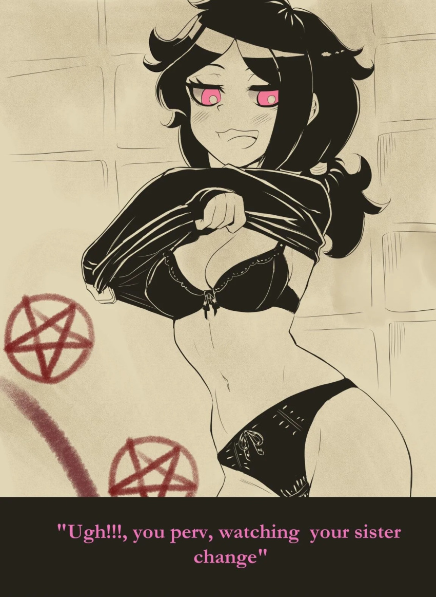 ashley_graves black_hair bow_panties laced_panties lingerie navel nicomo86383171 no_pants open_mouth panties pentagram pink_eyes ponytail shirt_lift standing the_coffin_of_andy_and_leyley underwear undressing