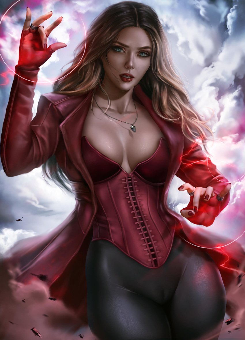 1girls absurdres actress avengers blue_eyes breasts cameltoe celebrity cleavage elizabeth_olsen female female_only fingerless_gloves highres large_breasts logan_cure looking_at_viewer marvel marvel_comics mutant_(marvel) nail_polish pussy real_person realistic red_nails scarlet_witch solo wanda_maximoff wide_hips x-men