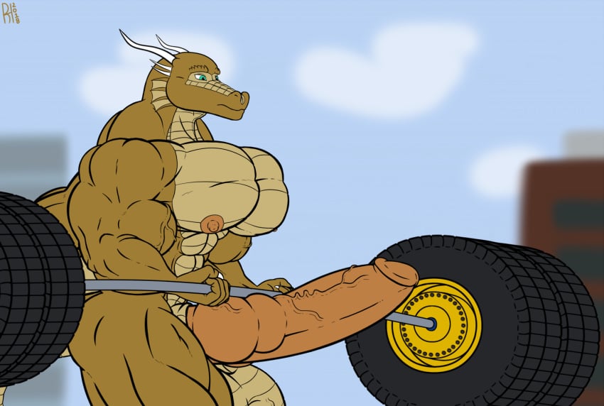 anthro balls big_balls big_penis dragon erection exercise herculesrazor huge_balls humanoid_penis hyper hyper_balls hyper_penis male male_only muscular muscular_male pecs penis razor_(herculesrazor) scalie solo weightlifting weights western_dragon workout