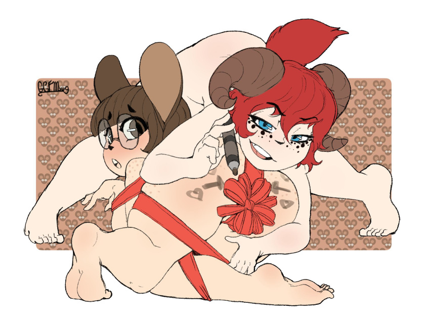 2girls body_writing brown_hair completely_nude female female_only females_only gcfmug glasses horns humanoid kemono looking_at_viewer marker mouse nude nude_female ram red_hair ribbon yuri