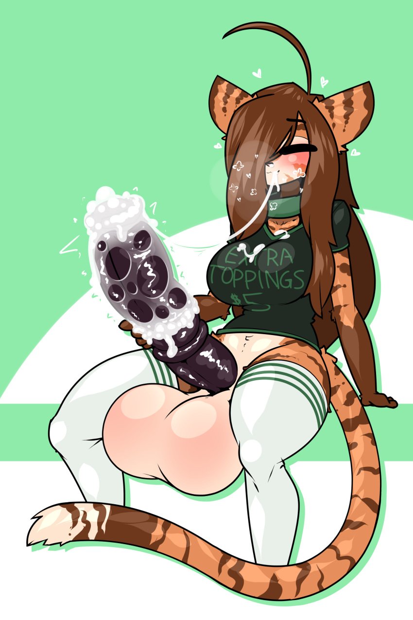 1futa animal_genitalia animal_penis anthro arm_support autofellatio balls blush blushing bottomless breasts brown_hair cat_ears collar cum cum_drip cum_from_mouth cum_from_nose cum_in_mouth cum_on_breasts cum_on_clothes cum_on_clothing cum_on_face cum_on_penis cum_on_self cum_string curvy dark_penis equine_penis erection excessive_cum eyelashes eyes_closed fat_cock feline fellatio fur furry futa_only futanari futanari_penetrated futanari_penetrating green_background green_shirt hearts horsecock huge_breasts huge_cock hyper hyper_balls hyper_penis intersex legwear limebreaker messy olivie_rosestar one_eye_covered original penis penis_grab saliva_on_penis shiny_penis simple_background sitting smile solo solo_futa striped_fur striped_tail stripped sucking tail thick_thighs thighhighs wide_hips