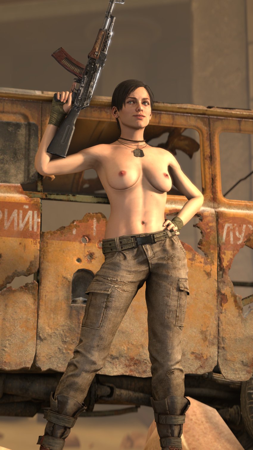 1girls 3d 5_fingers abs ak-47 anna_miller_(metro) assault_rifle belly black_hair blue_eyes breasts deep_silver dog_tags female female_only fit fit_female gun hand_on_hip hand_wraps holding_object itwasmedio metro_(series) metro_exodus muscles muscular muscular_female navel necklace nipples rifle short_hair solo solo_female solo_focus source_filmmaker topless tummy wraps