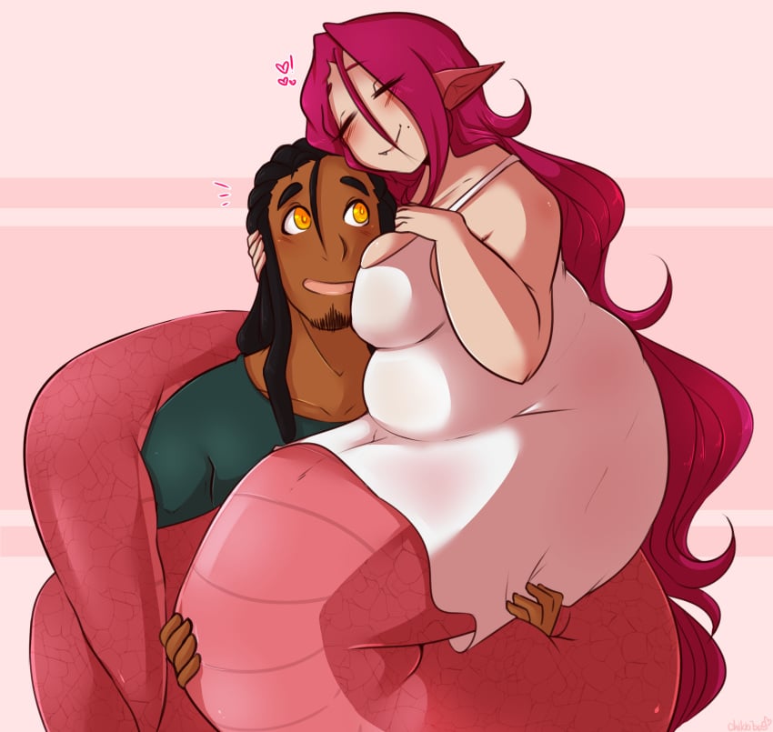 <3! 2015 ass bbw belly big_ass big_belly big_breasts black_hair blush breast_squish breasts carrying chikkibug chubby collarbone color colored cute_fang dark-skinned_male dark_skin dreadlocks dress eyebrows eyebrows_visible_through_hair fat female hand_on_chest head_hold heart hi_res high_resolution highres human interracial interspecies lamia large_breasts larger_female light-skinned_female light_skin long_hair male mason_(chikkibug) mole mole_under_mouth monster_girl naga nuzzling open_eyes open_mouth orange_eyes original original_character overweight overweight_female pink_background pink_hair plump pointy_ears red_scales samantha_(chikkibug) simple_background smile snuggle strong stubble tail_wrap very_long_hair white_dress