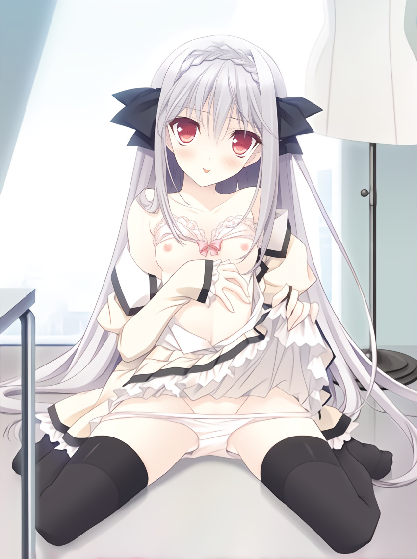 black_legwear collarbone full_body hair_ornament hair_ribbon highres indoors kneeling lamp lingerie long_hair looking_at_viewer navel panties red_eyes ribbon sakurakouji_luna silver_hair solo suzuhira_hiro table tsuki_ni_yorisou_otome_no_sahou underwear white_panties window