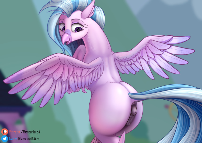 1girls 2019 anus avian beak blurred_background clothing feathered_wings feathers female feral friendship_is_magic hi_res hippogriff hippogryph mercurial64 my_little_pony pussy silverstream_(mlp) solo spread_wings wings