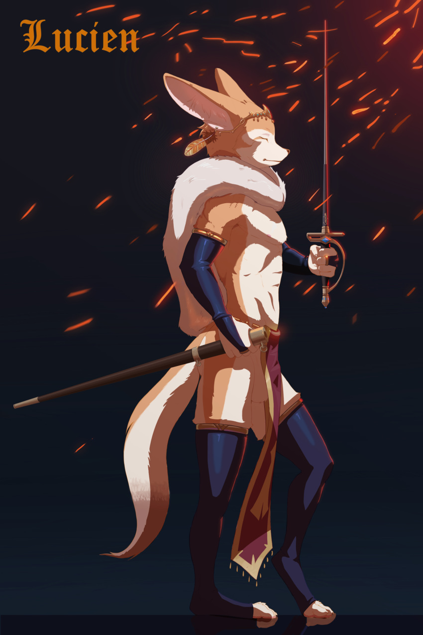 absurdres canid canine circlet cloak feathers fencing fennec fox fur furry half_naked highres kzlion loincloth lucien_(character) male mammal medieval melee_weapon simple_background solo sparkles sword testicles thighhighs trinkets weapon