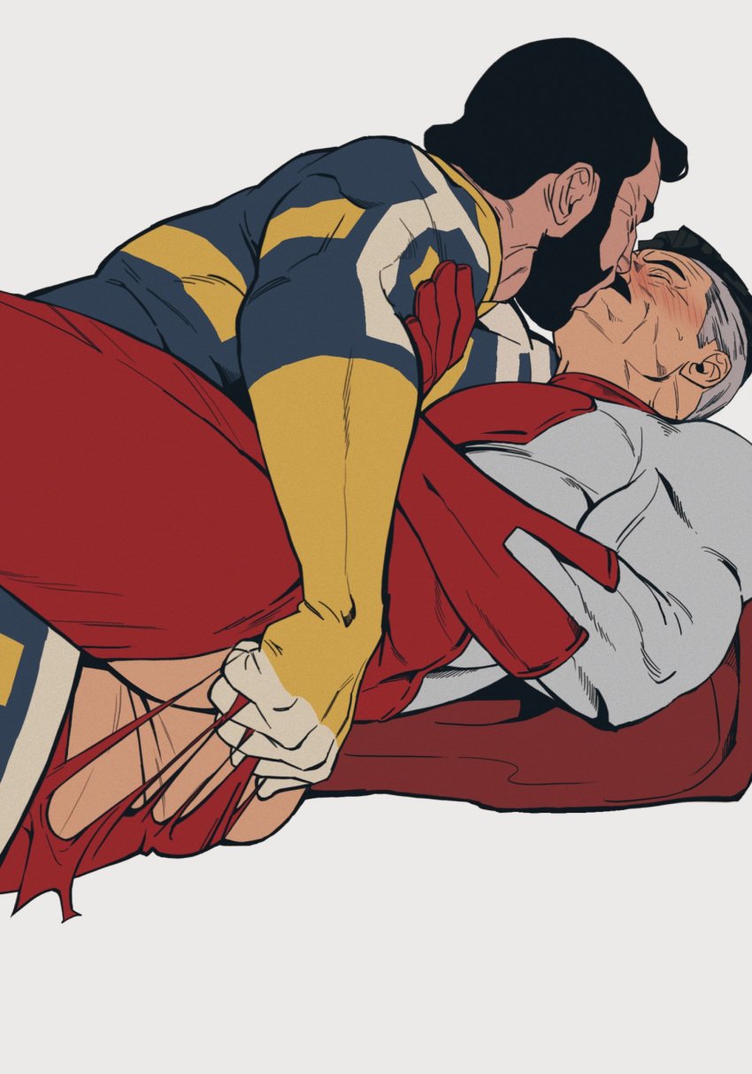 ass bara blush bonjourdraws clothing daddy dilf facial_hair gay invincible invincible_(comics) invincible_(tv_series) kissing male male_only manly mature_male moustache muscular_male nolan_grayson omni-man ripped_clothing the_immortal tight_clothing