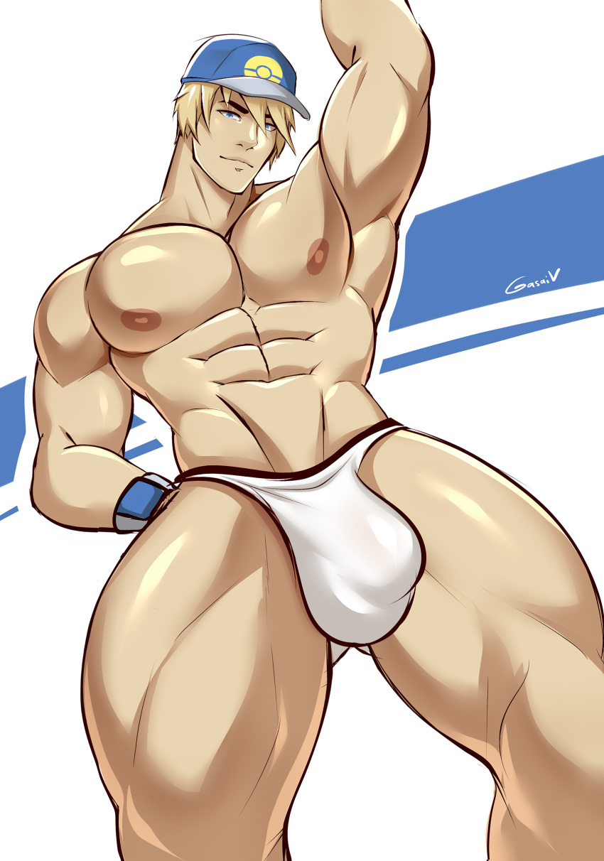 abs arm_up armpits baseball_cap blonde_hair bulge gasaiv looking_at_viewer looking_down looking_down_at_viewer low-angle_view male male_only mostly_nude muscular muscular_arms muscular_chest muscular_thighs nipples original_character pecs pov pov_eye_contact solo standing standing_over_viewer topless underwear