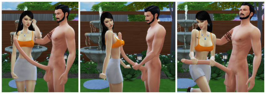 1boy 1girls 2019 3d balls beard big_penis black_hair brown_hair cock_and_ball_torture couple devious_desires deviousdesires erect_penis erection female garden grabbing grabbing_balls grabbing_penis long_hair long_penis male matrixsims normal_breasts nude_male orange_top outdoors outercourse pain paizuri penis skirt smile tattoo the_sims the_sims_4