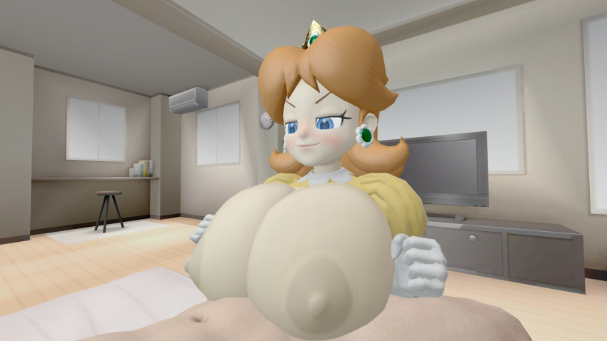 1boy 1girls 3d 3d_(artwork) big_breasts blue_eyes blush breasts breasts_out crown earrings female female/male female_focus flower_earrings ginger_hair gladehope gloves half-closed_eyes huge_breasts indoors large_breasts light-skinned_female light-skinned_male light_skin lips male male/female mario_(series) nintendo nipples paizuri princess_daisy puffy_sleeves shoulder_length_hair white_gloves