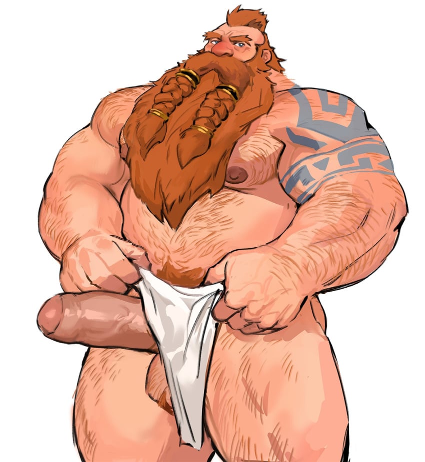 1boy bara beard big_penis dopq dulrig dwarf erection facial_hair foreskin loincloth loincloth_aside lustful_desires male male_focus male_only muscular muscular_male nipples penis pubic_hair red_hair solo solo_male tattoo tattooed_arm uncut very_long_beard