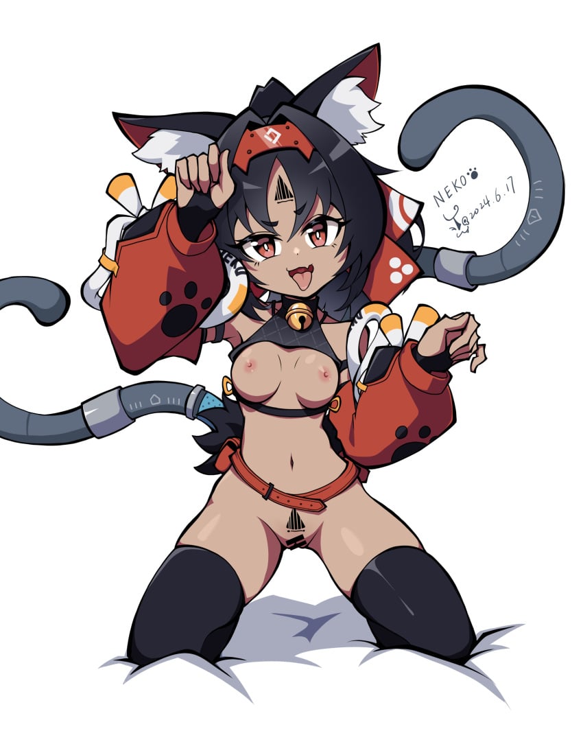 3qaq absurdres animal_ear_fluff animal_ears bar_censor bell black_hair black_thighhighs breasts bridal_gauntlets cat_ears censored dated facial_mark female forehead_mark hair_intakes highres jingle_bell kneeling looking_at_viewer multiple_tails navel nekomiya_mana nipples oerba_yun_fang open_mouth paw_pose pubic_tattoo pussy red_eyes skin_fang skindentation small_breasts solo tail tattoo thighhighs tongue tongue_out triangle_facial_mark two_tails zenless_zone_zero