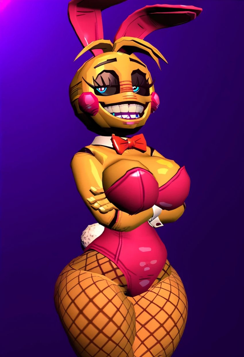 3d ai_generated animatronic black_eyeshadow black_sclera blue_eyes bunny_ears bunny_girl chica_(fnaf) cleavage crossed_arms eyelashes female fishnet_legwear fishnets five_nights_at_freddy&#039;s five_nights_at_freddy&#039;s_2 fnaf grin joints leotard retro_toy_chica robot scottgames smile solo solo_female toy_chica_(fnaf)