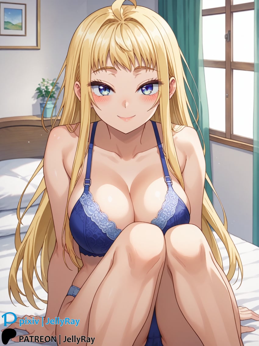 1girls ai_generated bangs bedroom big_breasts blonde_hair blue_eyes blush bra collarbone dosanko_gal_wa_namara_menkoi jellyray large_breasts long_hair looking_at_viewer minami_fuyuki sfw shounen_jump+ sitting_on_bed smile smiling_at_viewer solo solo_female solo_focus underwear