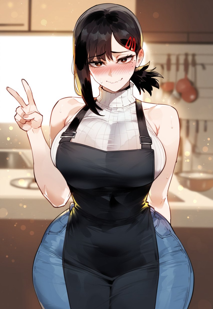ai_generated apron black_hair brown_eyes chainsaw_man creamy_ai curvy denim female_only higashiyama_kobeni jeans large_breasts narrow_waist thiccwithaq_(ai_style) thick_thighs v_sign wide_hips