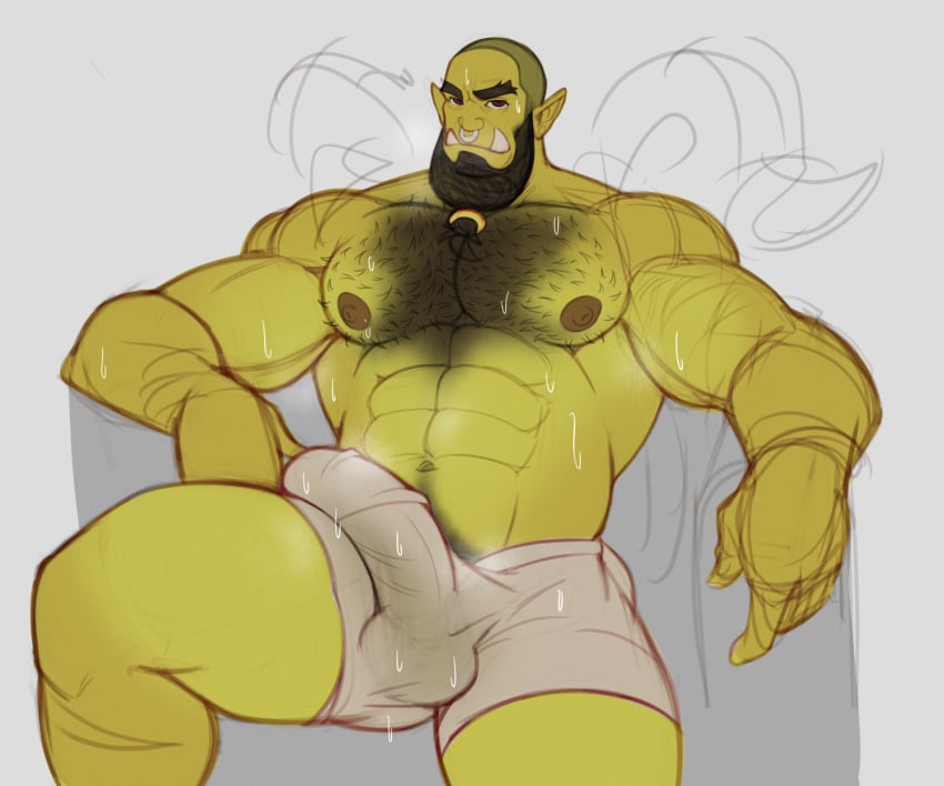 abs balls_under_clothes beard beefy biceps big_bulge boner bulge daddy erection erection_under_clothes green-skinned_male green_body green_skin huge_bulge male_only manly mature_male orc orc_male pecs penis_outline penis_under_clothes pointy_earssweat skayous solo solo_male sweat sweating teeth teeth_visible tusks