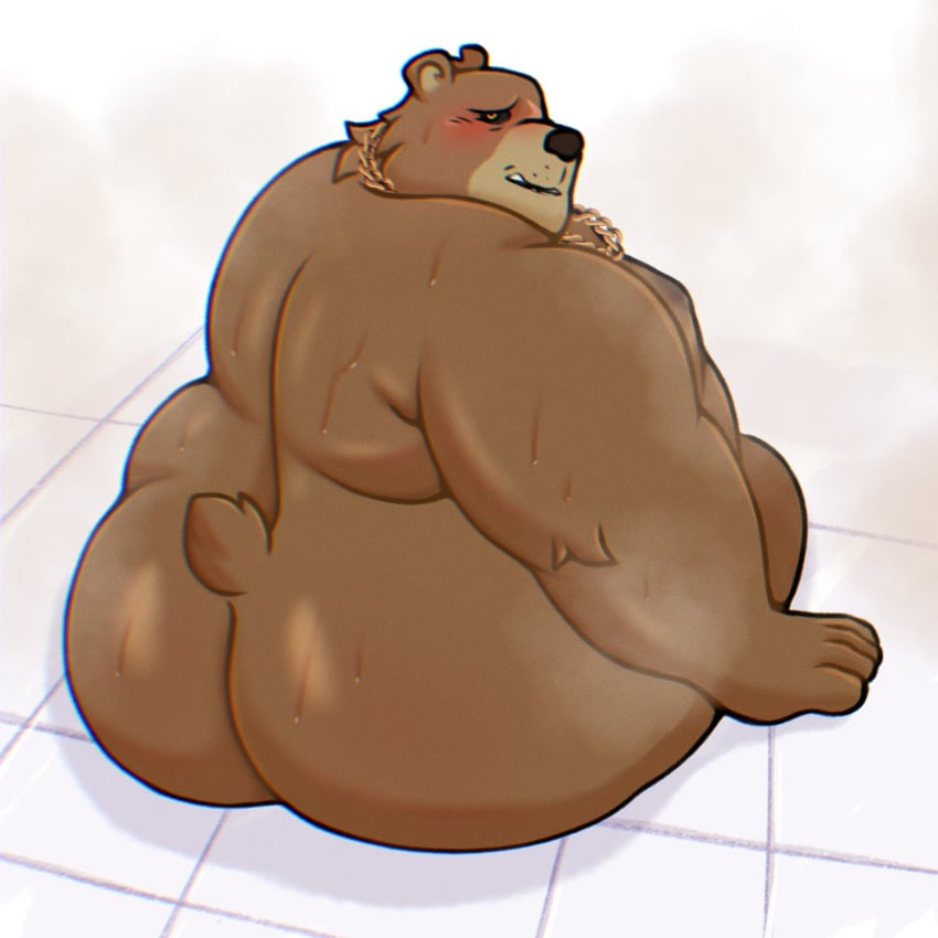 1:1 anthro ass bear belly ben_bigger big_butt blush bodily_fluids brown_body brown_fur embarrassed fur hi_res jewelry kai_lionbear looking_at_viewer looking_back male male_only mammal mihoyo necklace nude overweight rear_view sitting solo sweat zenless_zone_zero