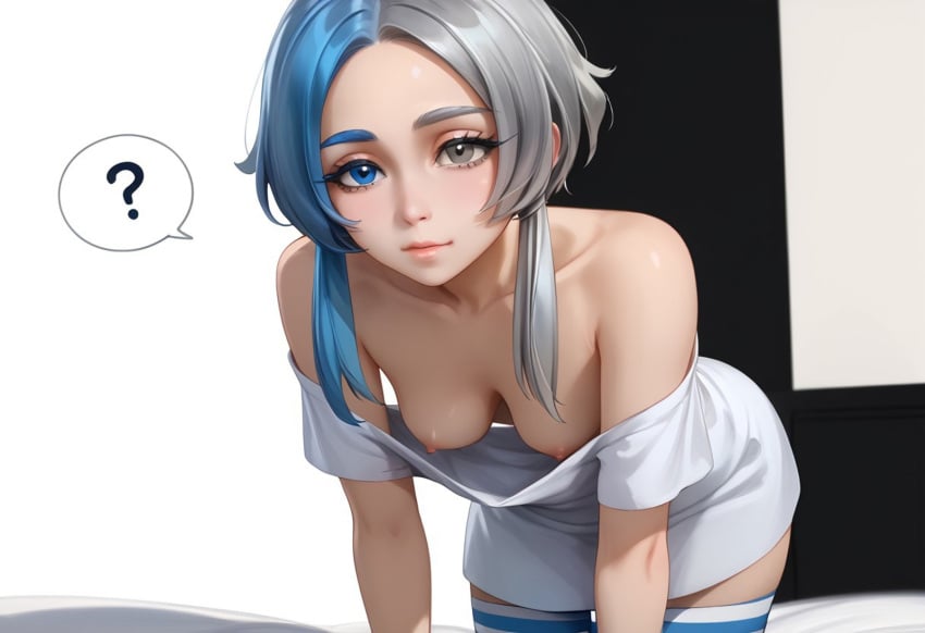 1girls ? ai_generated all_fours bare_shoulders blue_eyes blue_hair clueless downblouse euclase_(land_of_the_lustrous) grey_eyes hanging_breasts heterochromia houseki_no_kuni land_of_the_lustrous leaning_forward looking_at_viewer nipple_slip nipples no_bra oblivious off_shoulder short_dress short_sleeves small_breasts solo split-color_hair spoken_question_mark strapless striped_thighhighs two_tone_hair white_dress white_hair