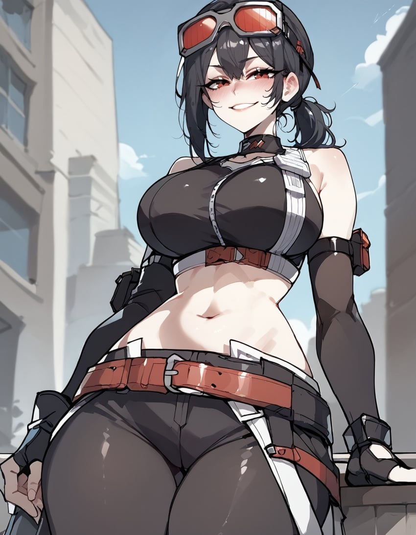 1girls ai_generated bare_shoulders big_breasts black_hair blush clothed clothing color female female_focus female_only floppydisc grace_howard hi_res large_breasts light-skinned_female light_skin long_hair looking_at_viewer mihoyo red_eyes solo solo_female tagme thick_thighs zenless_zone_zero